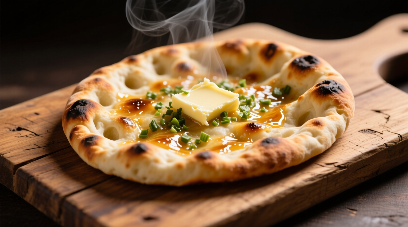 Freshly baked garlic naan bread on a wooden board