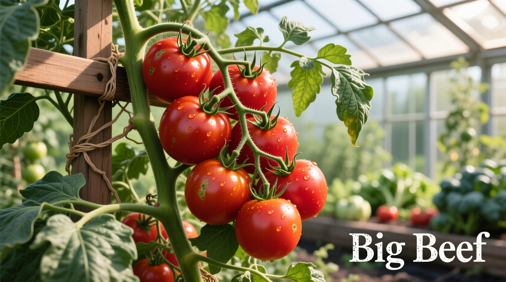 Big Beef tomato plant with mature fruits on vine