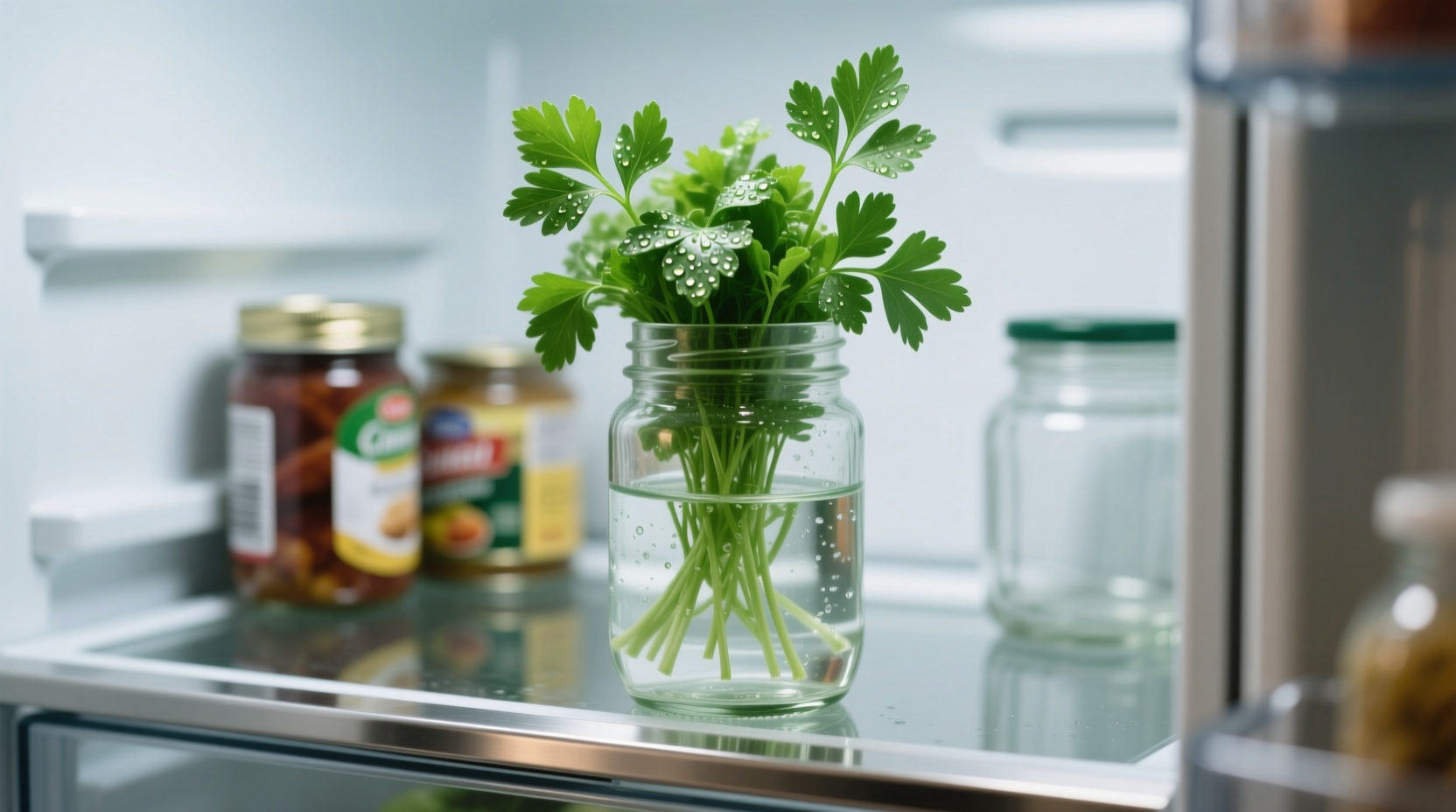Fresh parsley stored upright in glass with water in refrigerator