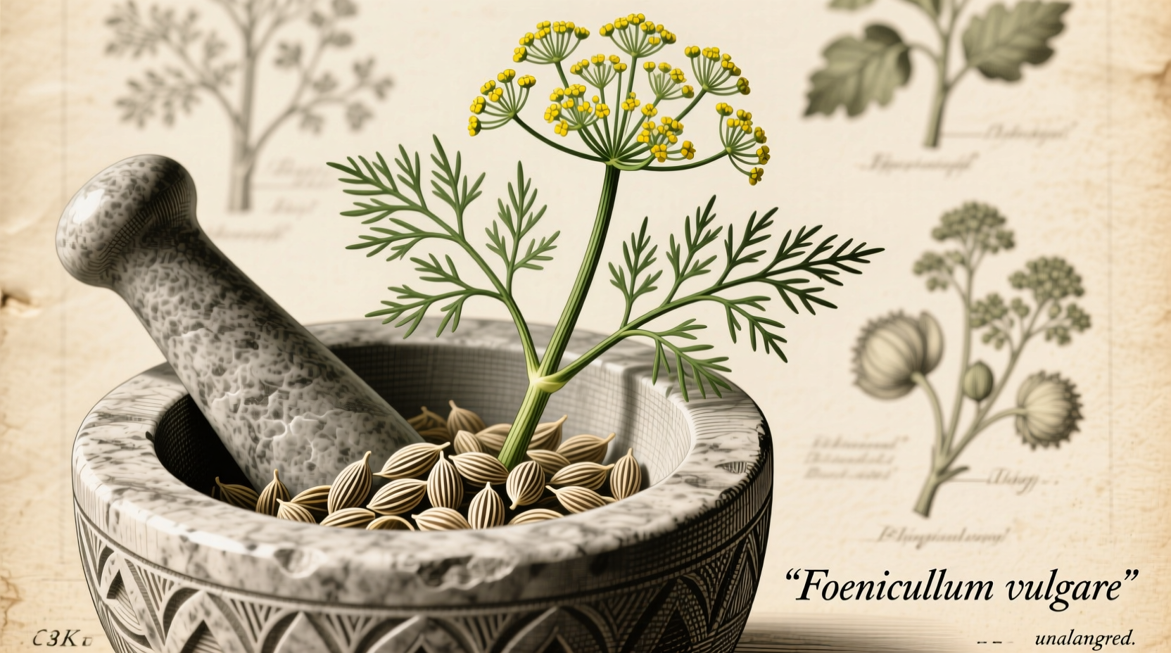 Fresh fennel seeds in mortar with blooming fennel plant