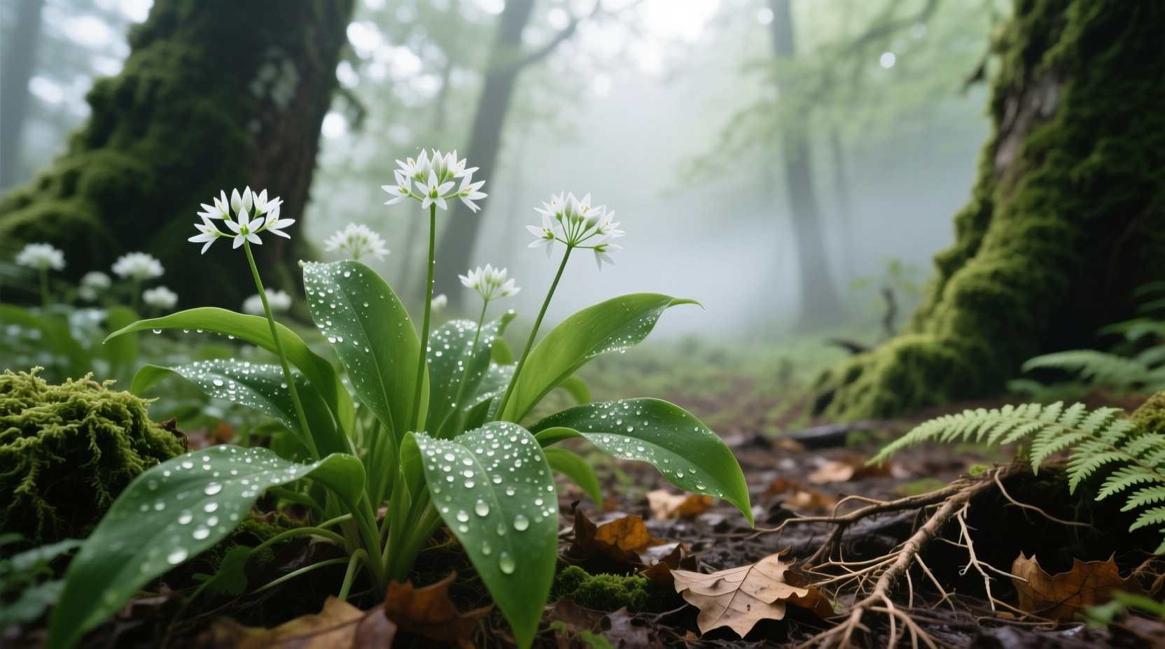 Fresh wild garlic leaves and flowers in forest setting