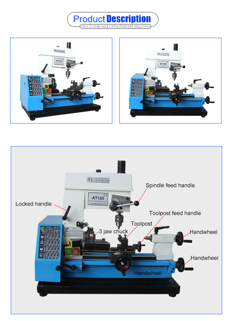 3 in 1 Mill Drill Combo AT125 Mini Hobby Lathe Machine