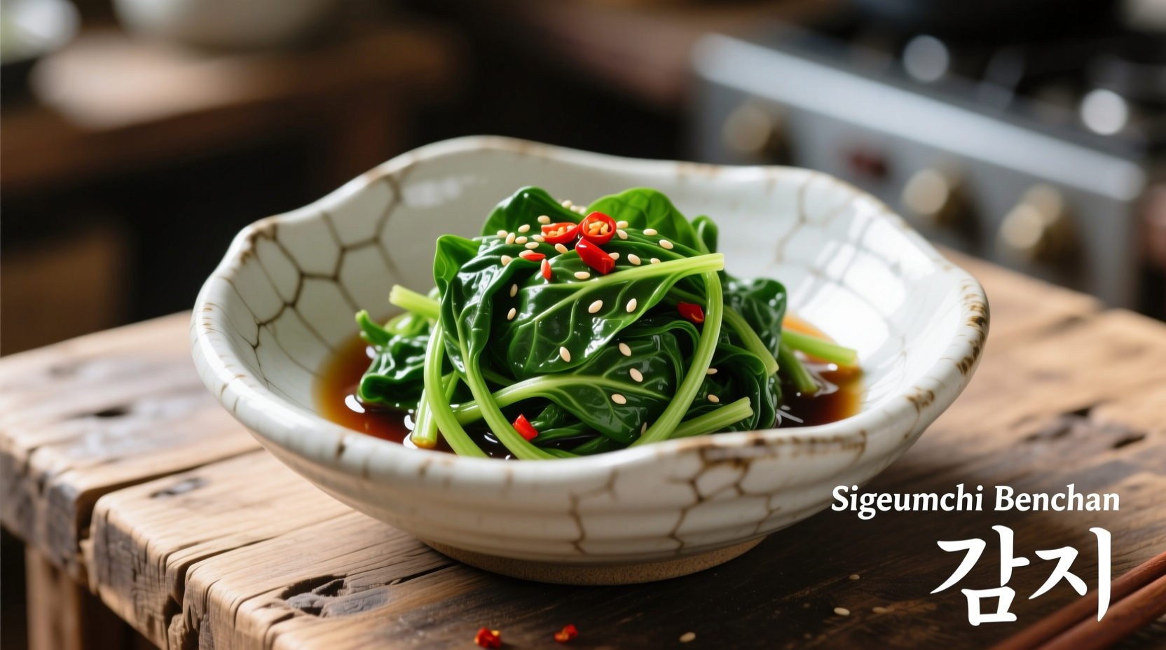 Fresh Korean spinach banchan in traditional bowl