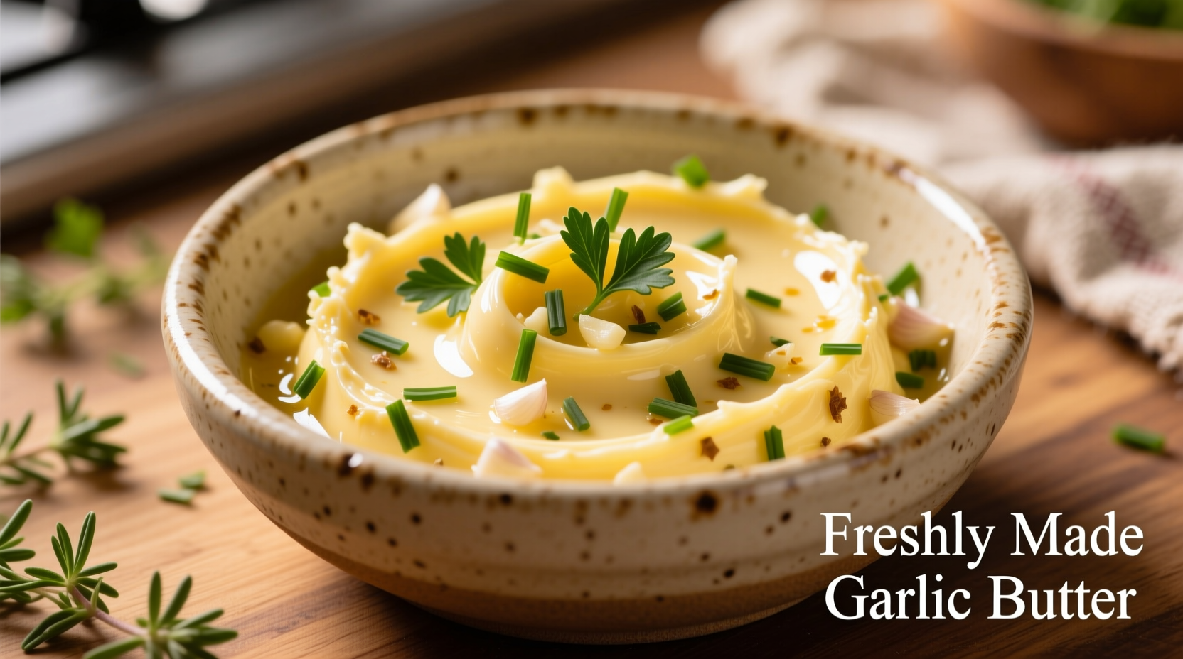 Freshly made garlic butter in a ceramic bowl with herbs