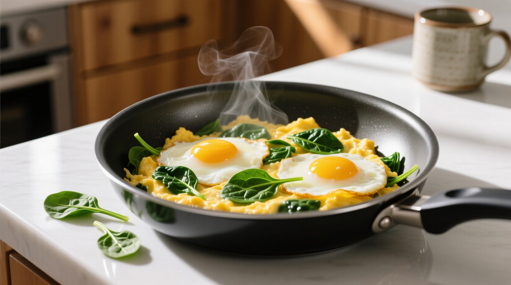 Perfectly cooked spinach and egg scramble in non-stick pan
