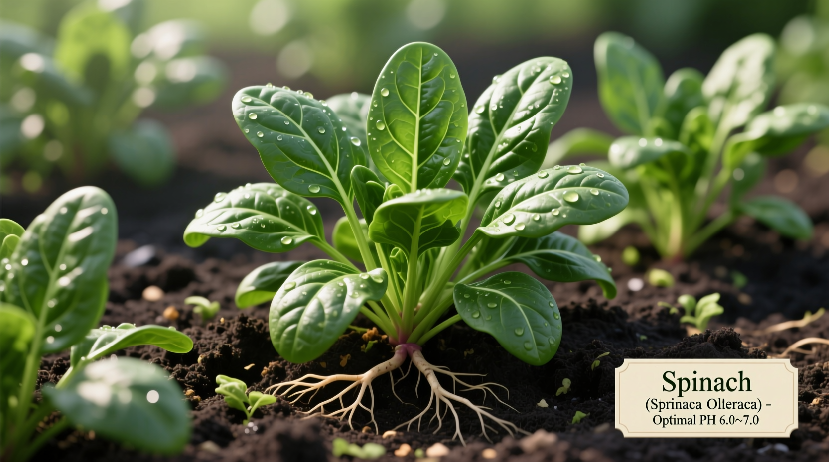 Spinach plants growing in healthy soil with proper pH