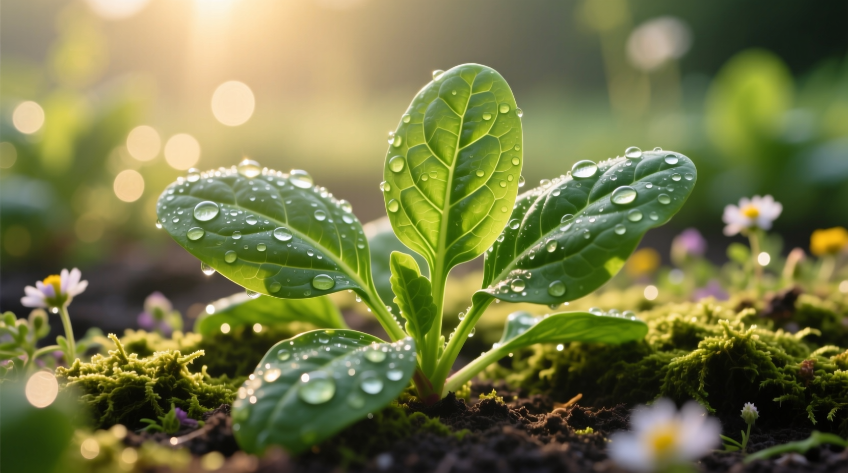 Fresh spinach leaves with dew drops on a garden