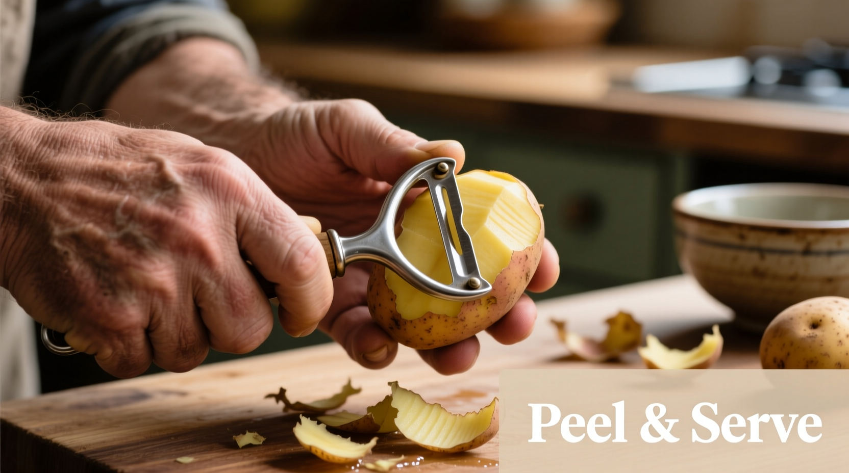 Hand peeling potato with Y-shaped peeler