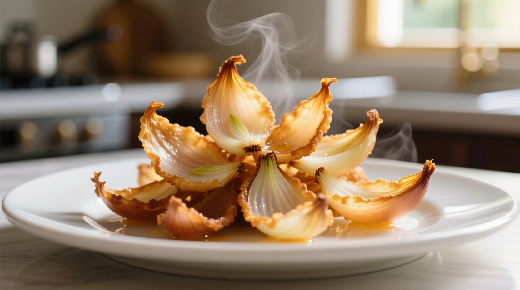 Perfectly fried onion petals with golden petals separated
