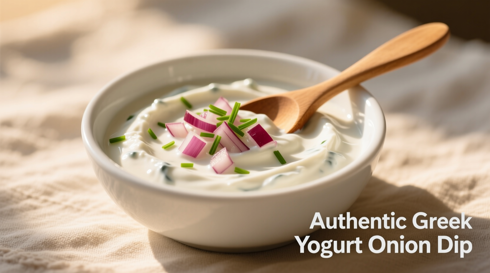 Creamy Greek yogurt onion dip in white bowl