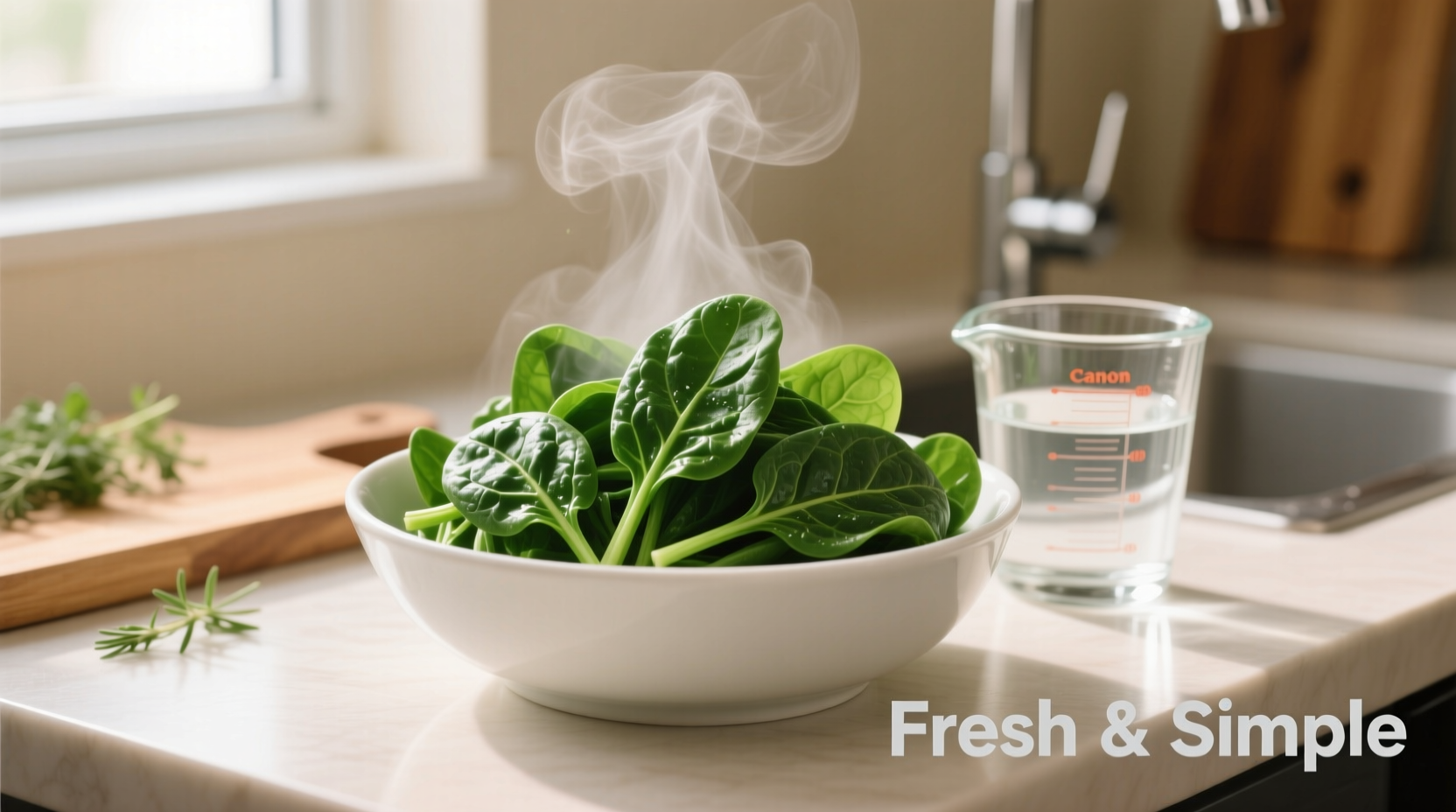 Fresh steamed spinach in white bowl with measuring cup