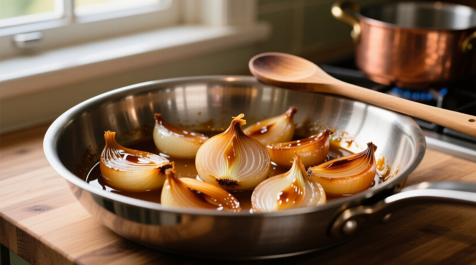 Caramelized onions in stainless steel pan