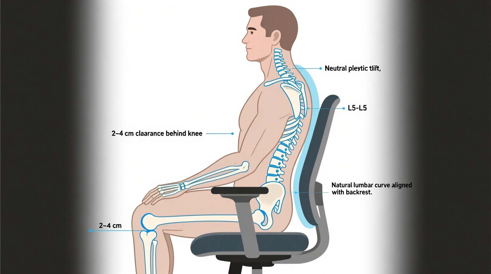 Side-view anatomical diagram showing correct seat depth: 2–4 cm clearance behind knee, neutral pelvic tilt, natural lumbar curve aligned with chair backrest contour—no gap, no pressure