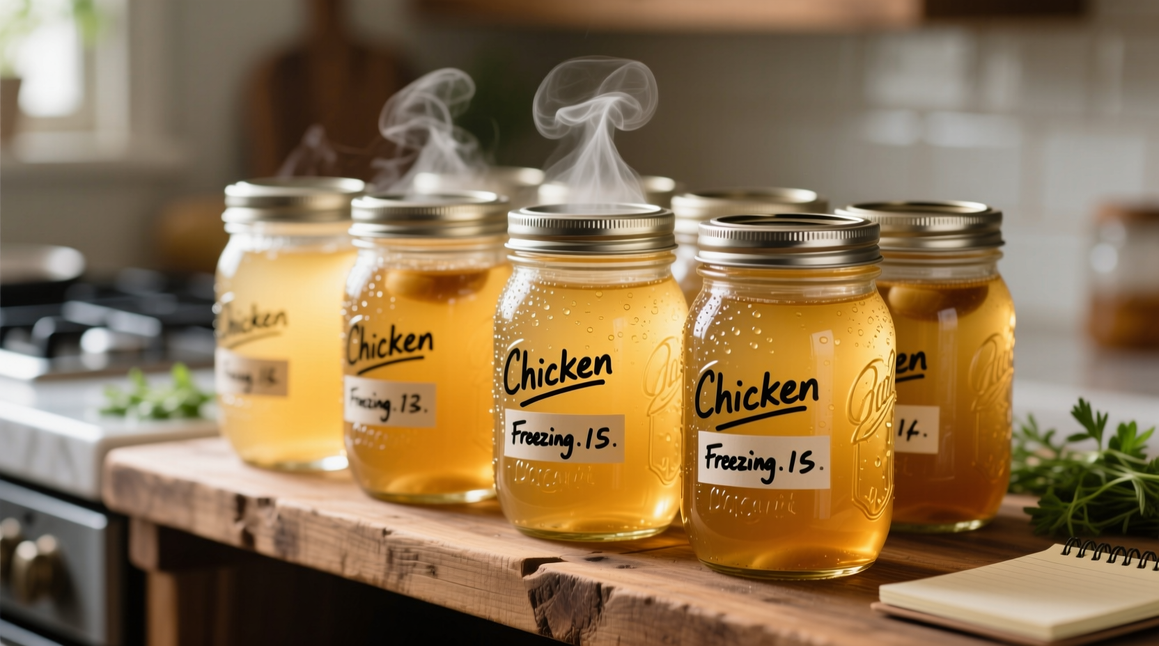 Clear golden broth in mason jars with labeled freezing dates