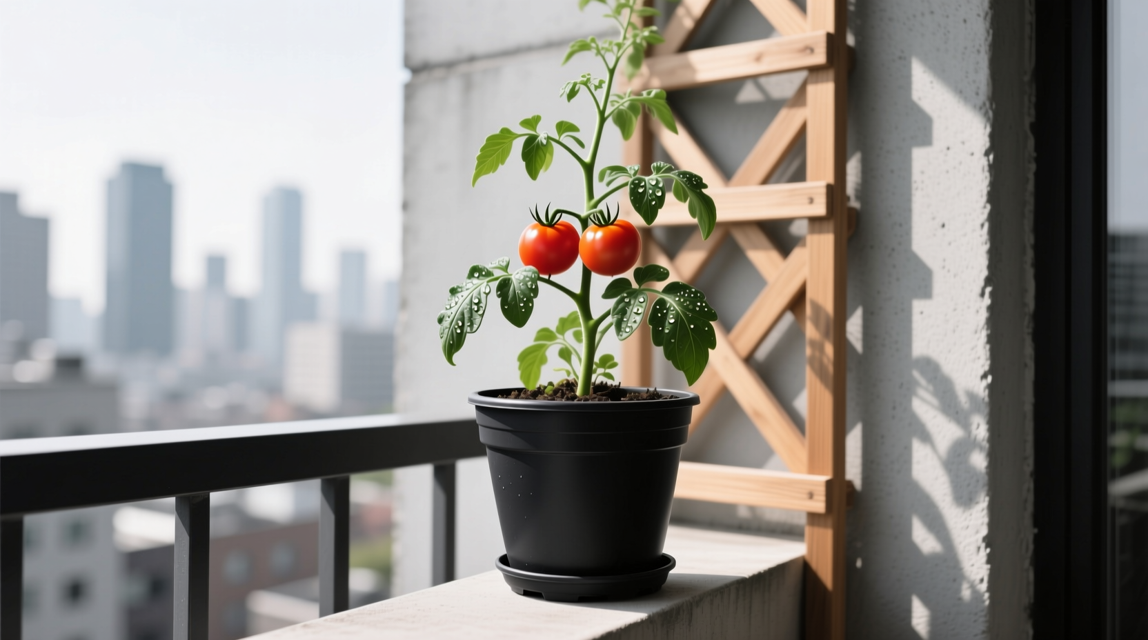 Black plastic pot with tomato plant on city balcony, shaded by vertical trellis