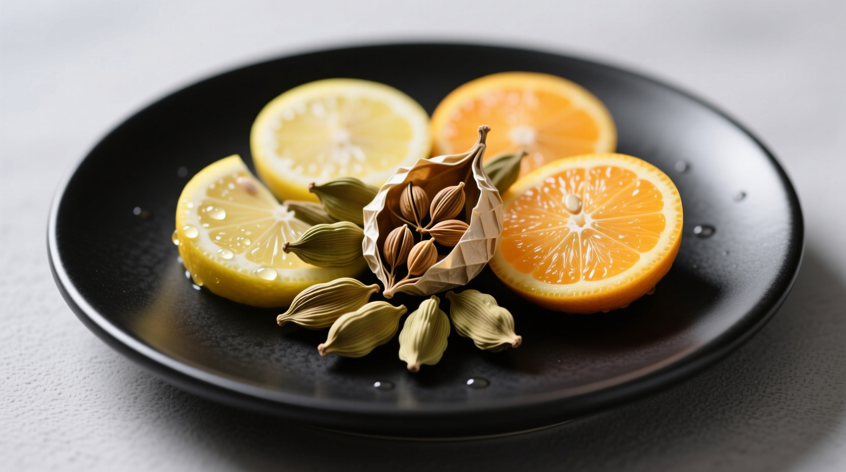 Cardamom and citrus segments arranged in a circular pattern on a dark plate