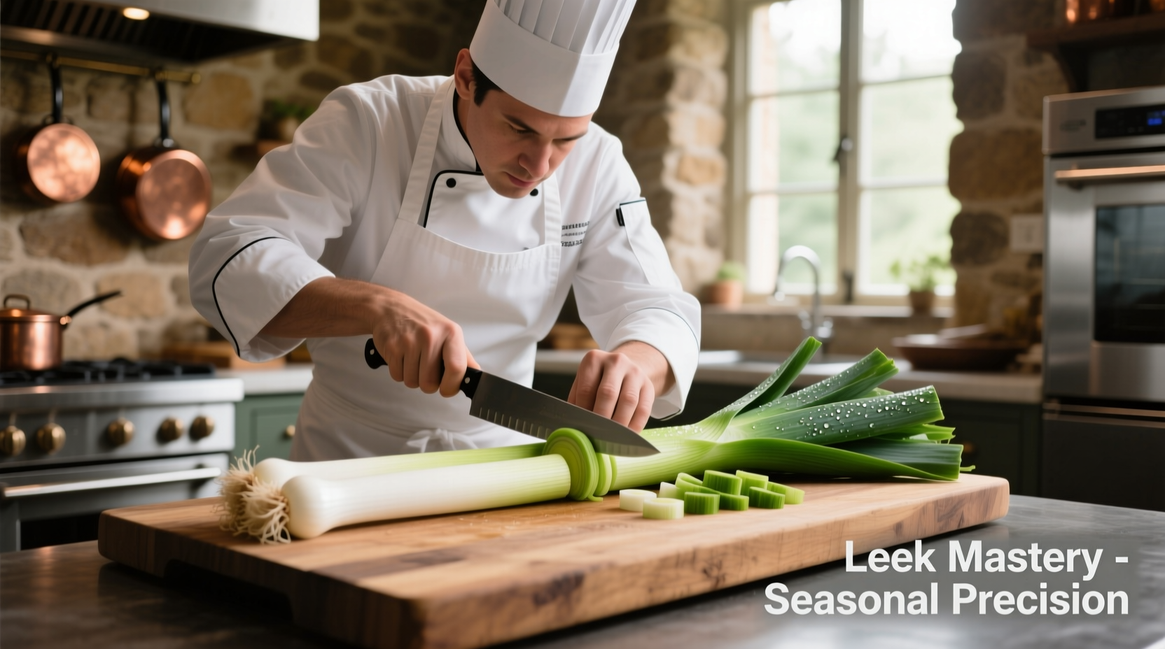 Chef preparing leeks with white and green sections separated