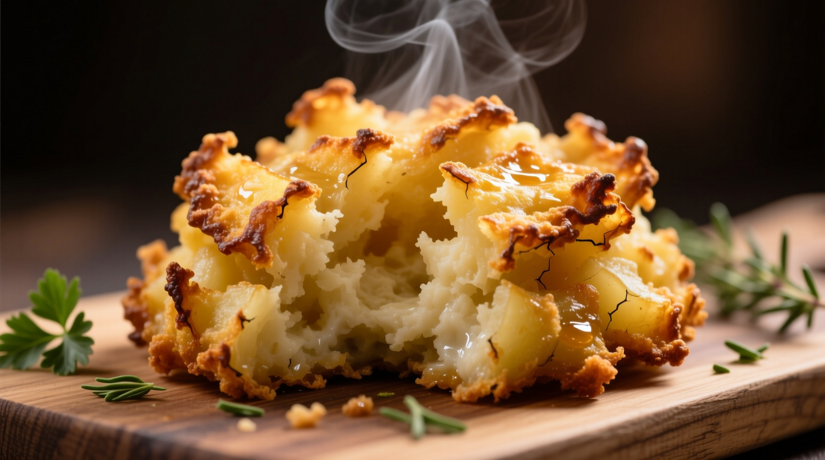 Golden brown potato stuffing with crispy edges