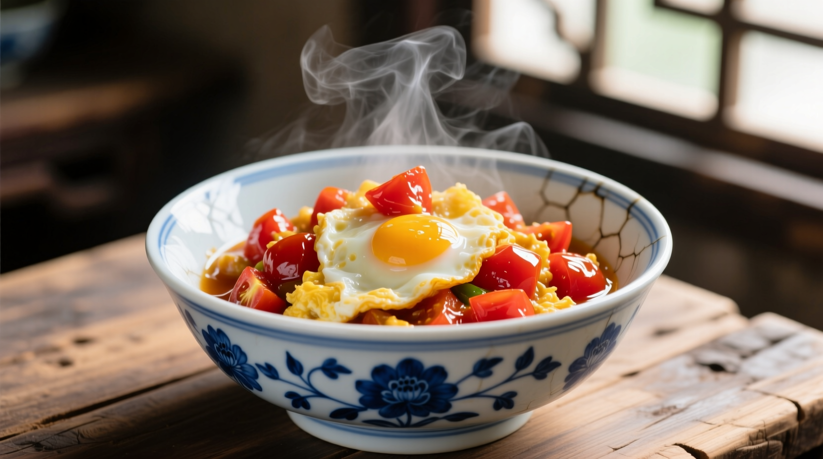 Chinese tomato egg stir-fry in traditional blue porcelain bowl