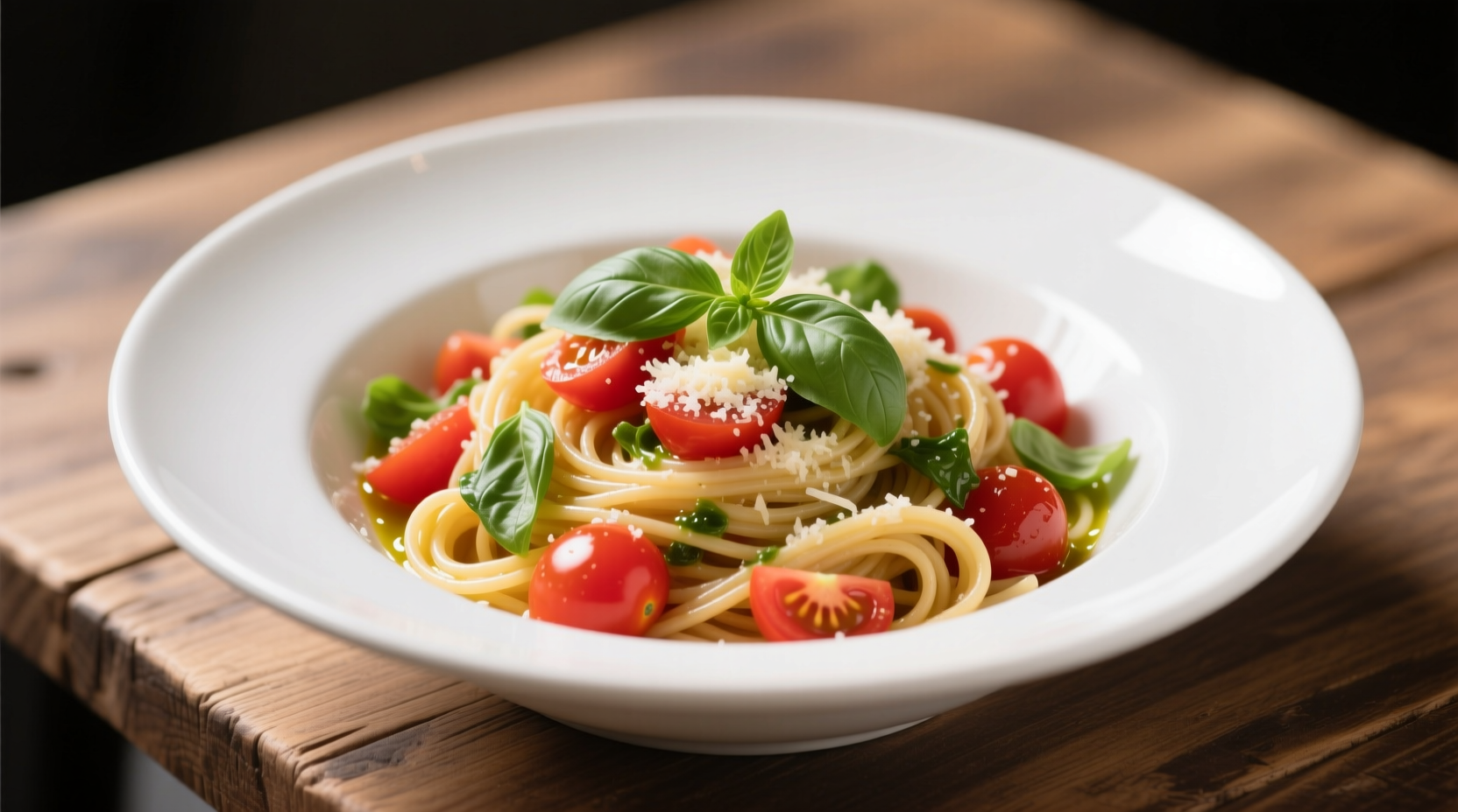 Fresh tomato basil pasta in white bowl