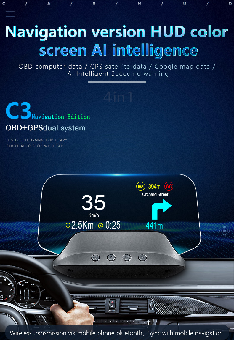 C3 Universal to all cars HUD Car Navigation OBD2 GPS Dual system head up display HUD