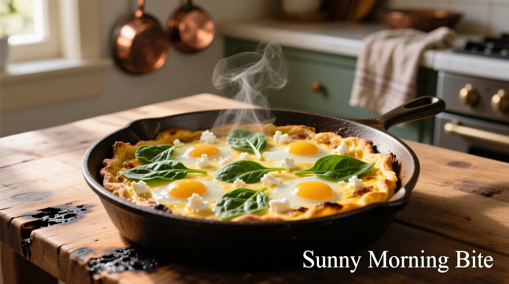 Spinach and feta frittata in cast iron skillet