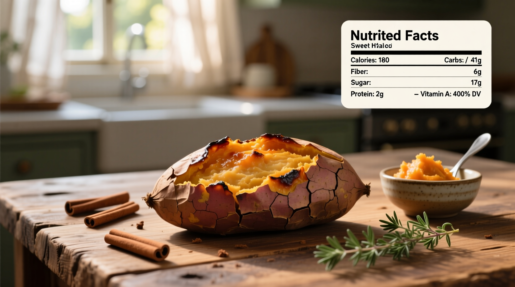 Nutrition facts of baked sweet potato on wooden table