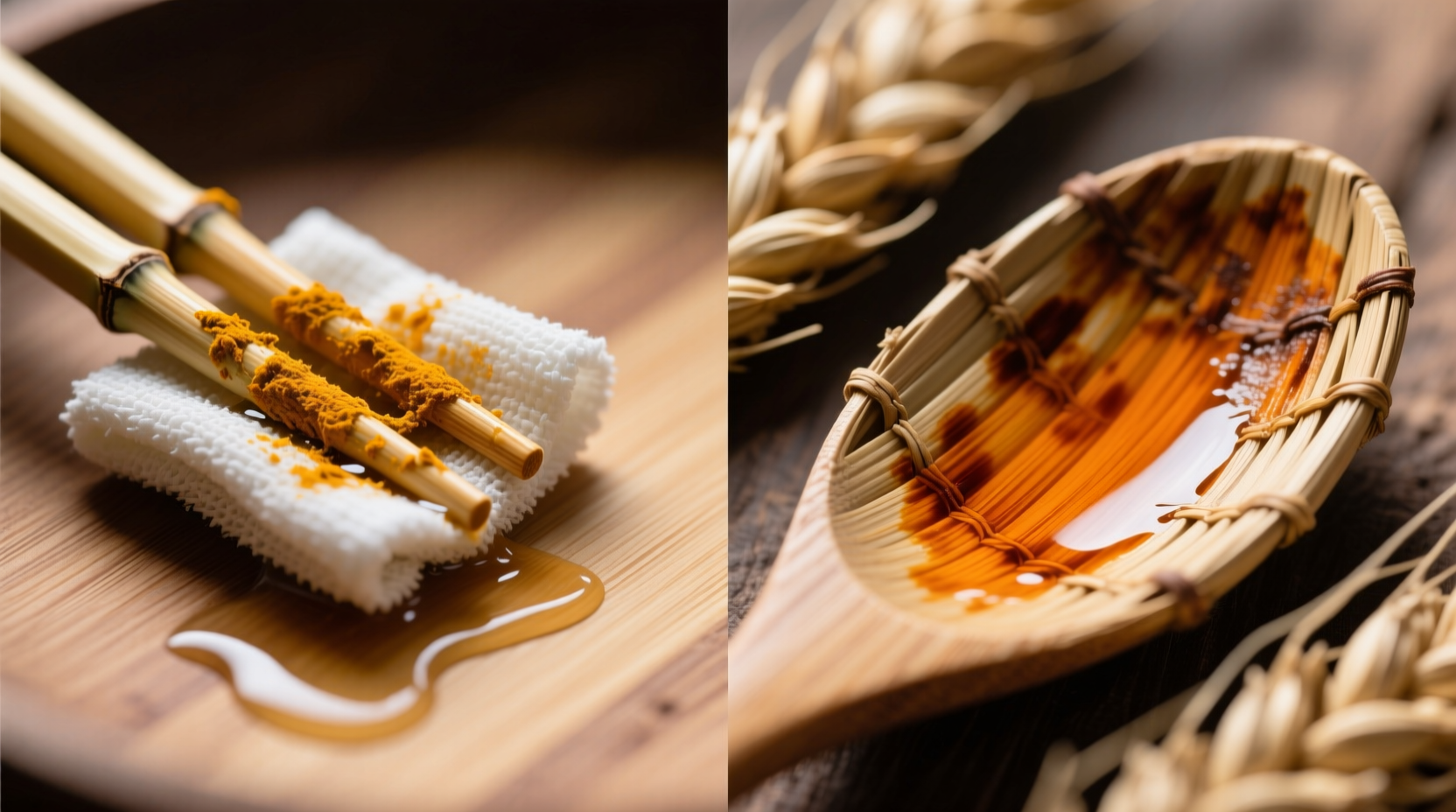 Side-by-side macro photos: left shows bamboo chopsticks with faint, surface-level turmeric residue easily wiped with vinegar-dampened cloth; right shows wheat straw spoon with deep-set, orange-brown staining penetrating grain lines, unresponsive to same treatment