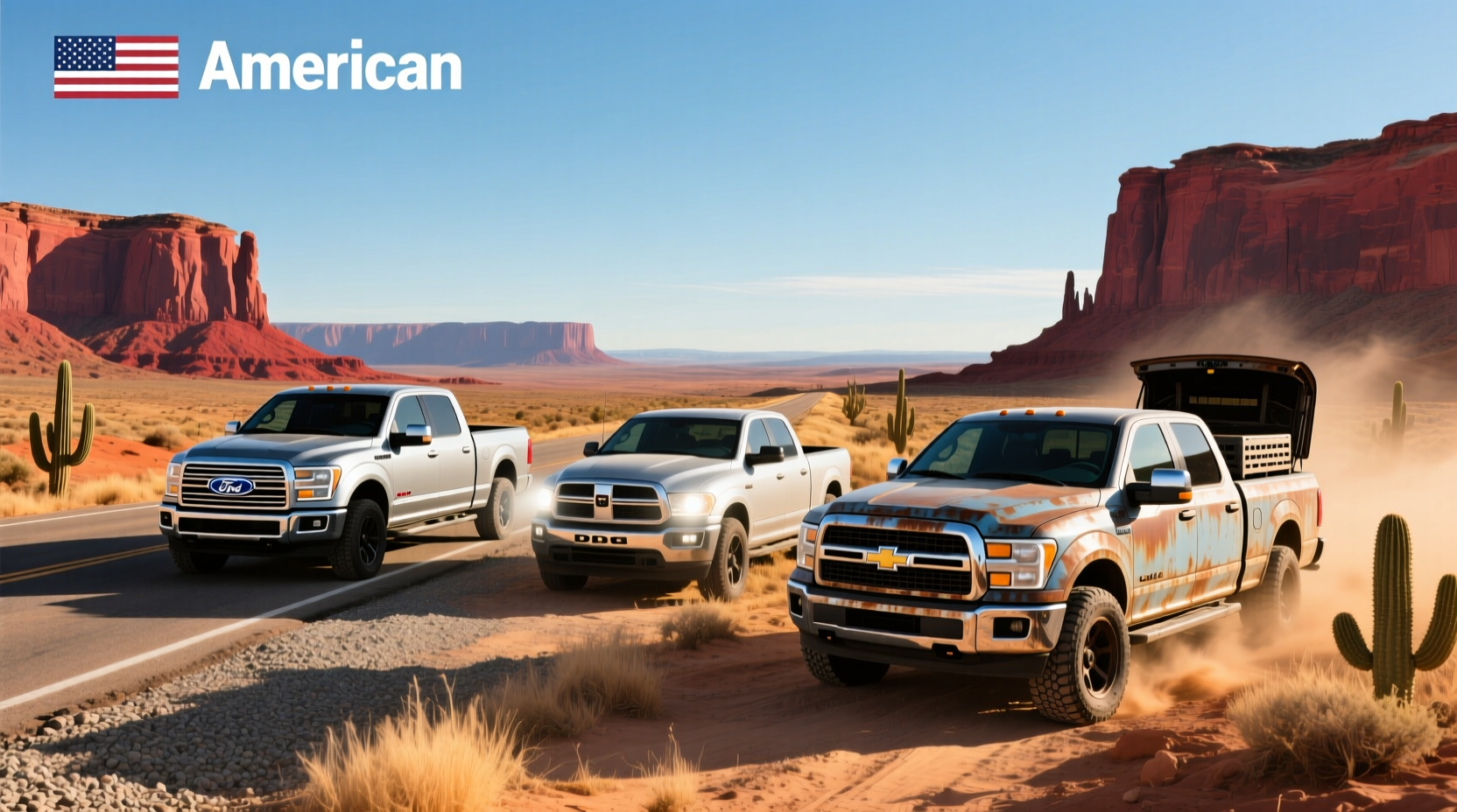 Side view comparison of Ford F-150, Ram 1500, and Chevrolet Silverado on open highway