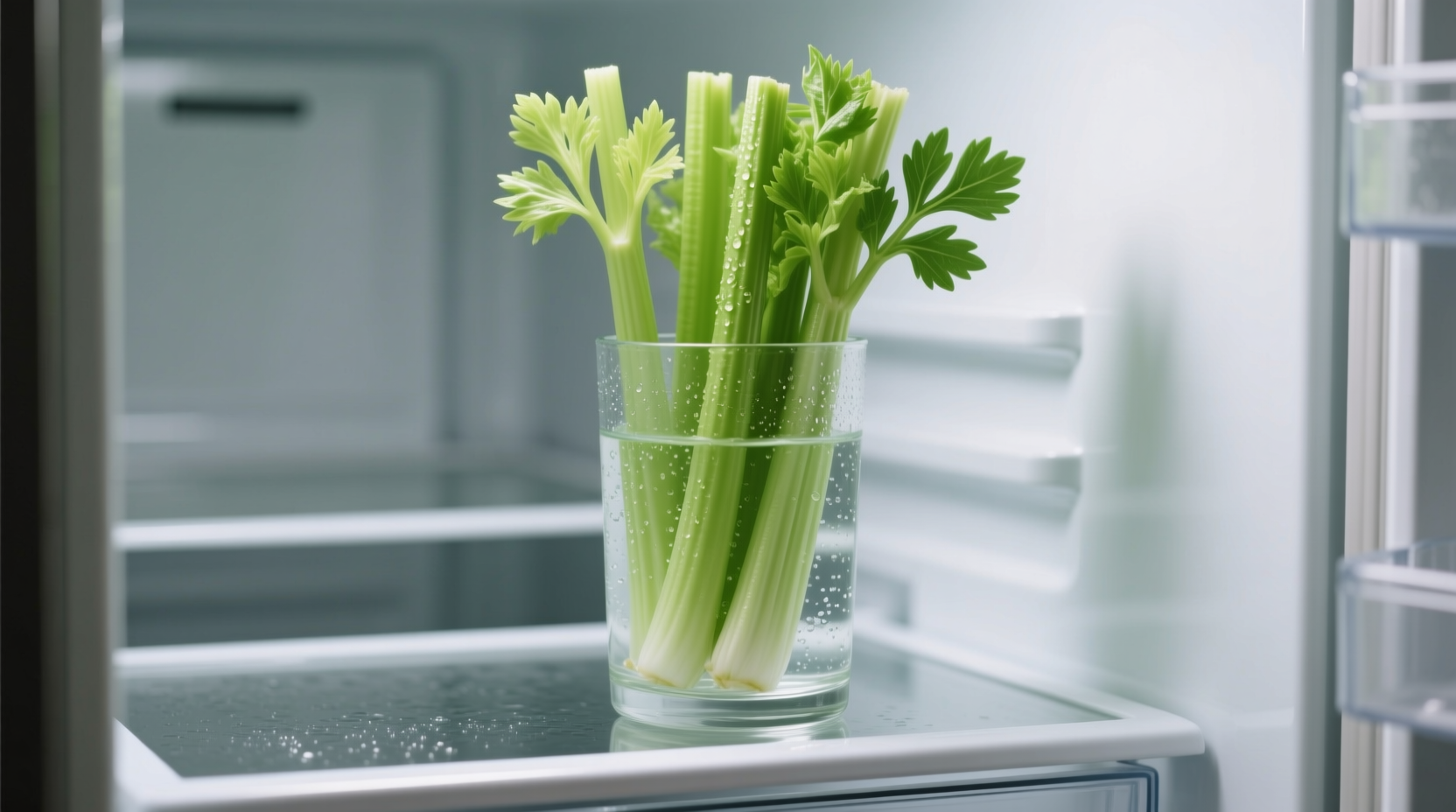 Celery stored upright in water container in refrigerator
