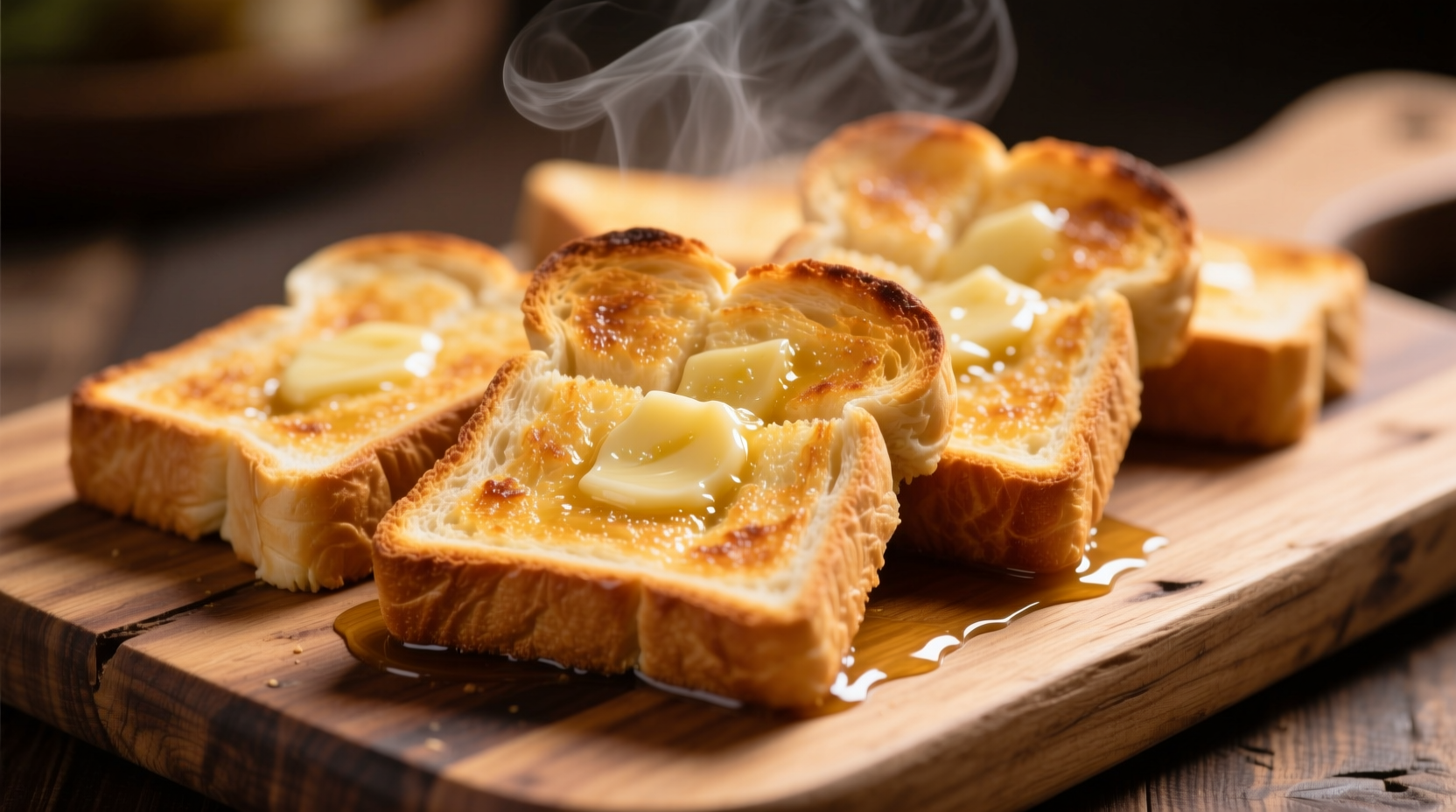 Golden garlic bread Texas toast slices on wooden board