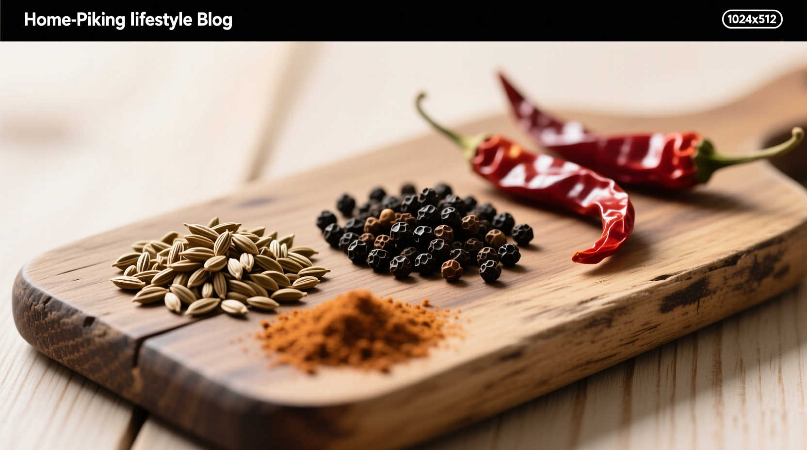 Homemade pickling spice blend with visible whole spices: coriander seeds, black peppercorns, and dried chilies arranged on a wooden board