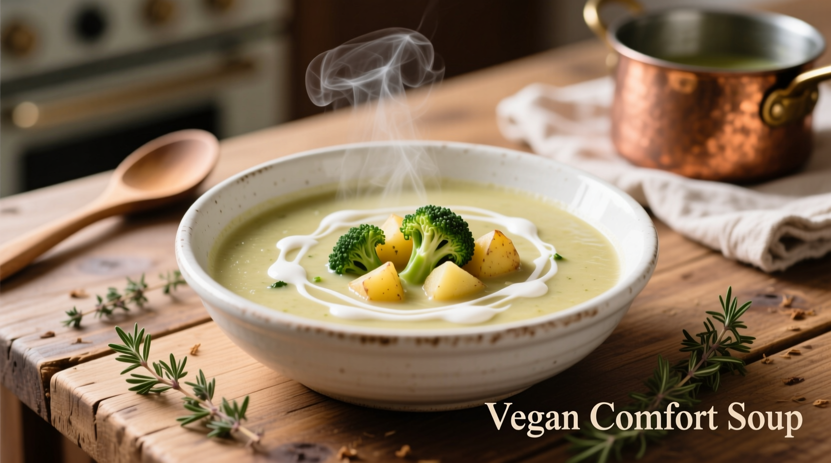 Creamy vegan broccoli potato soup in white bowl