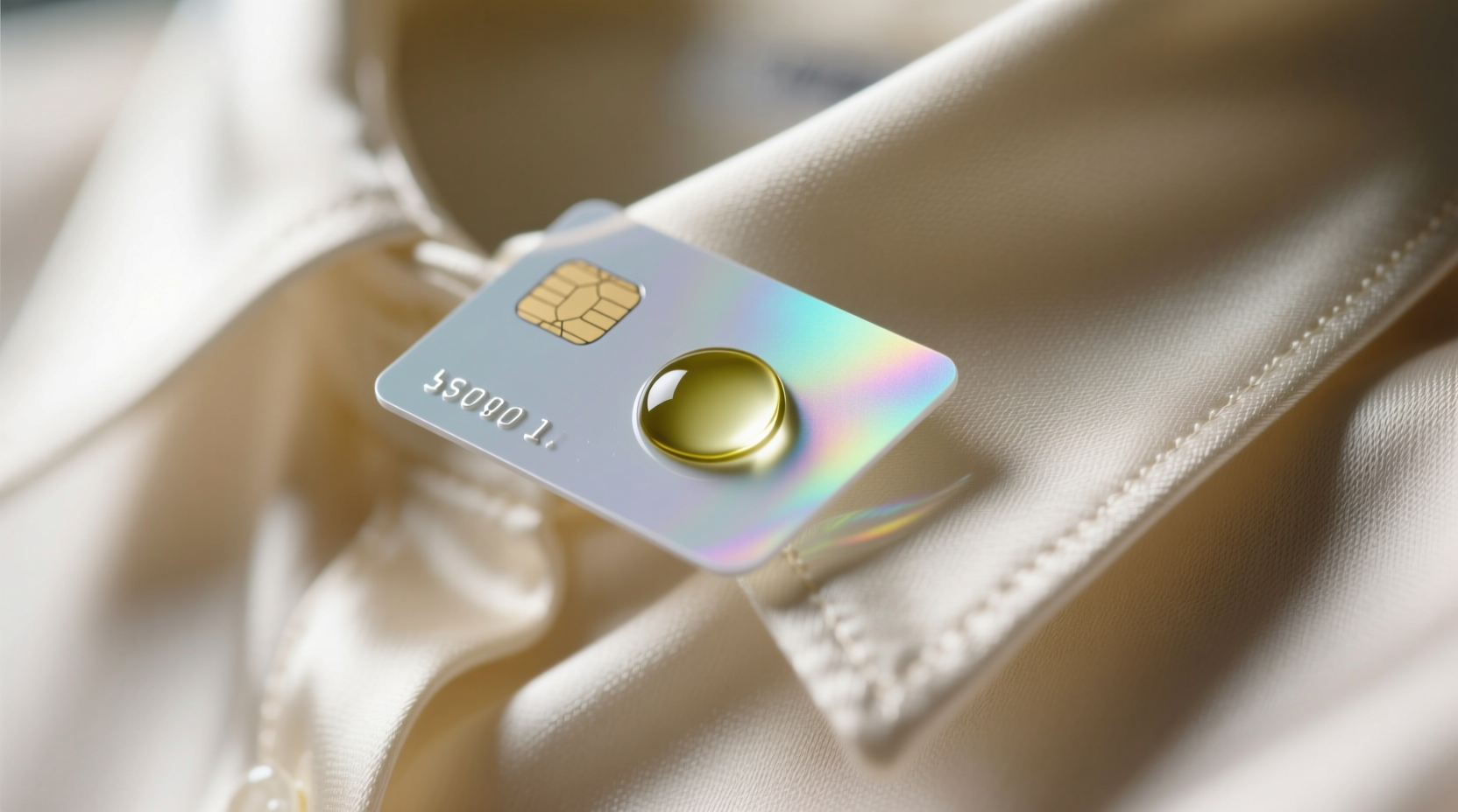Close-up macro photograph showing a plastic credit card edge gently lifting translucent adhesive residue from a pale silk blouse collar, with a single drop of olive oil visible at the residue’s center