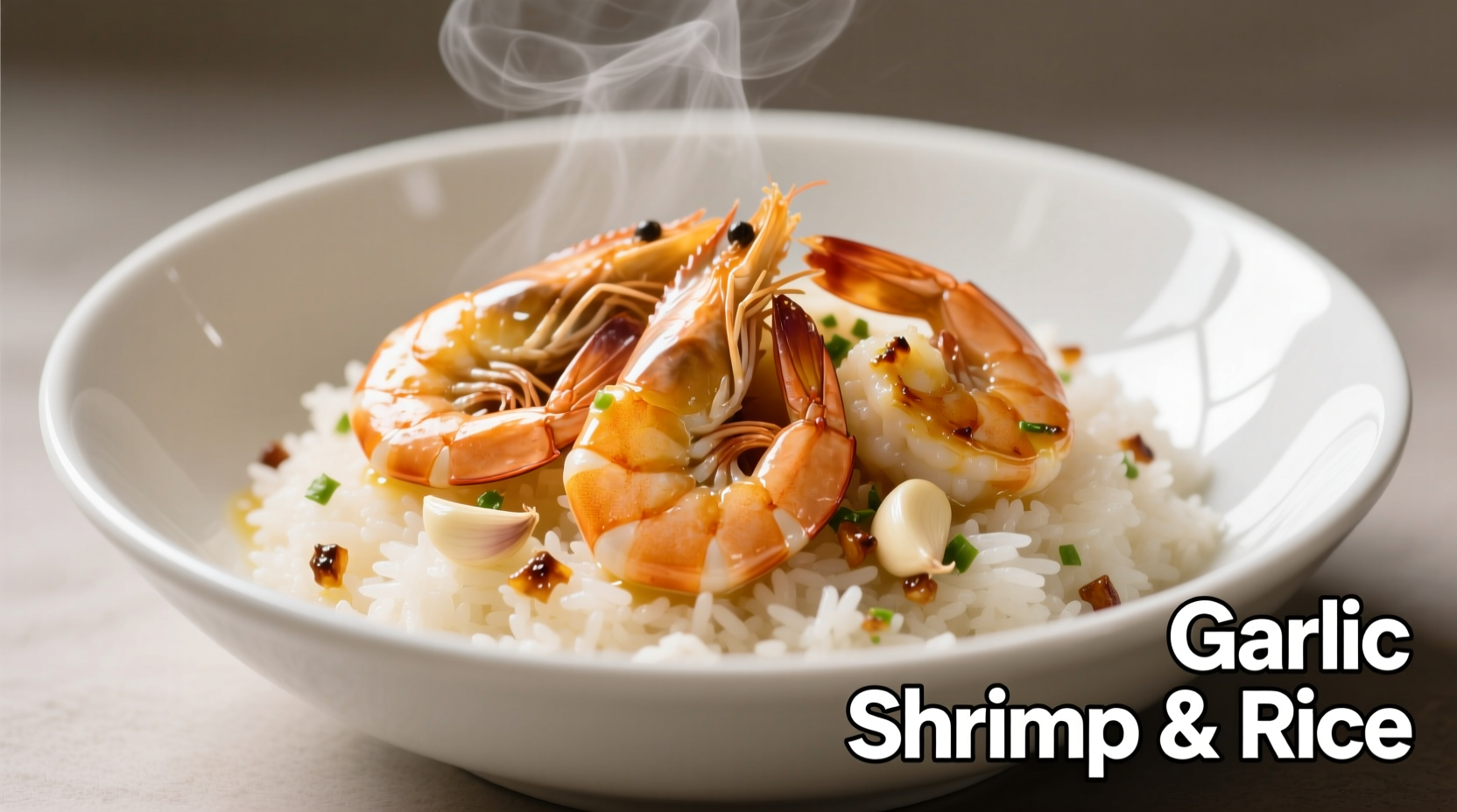 Perfectly cooked garlic shrimp and rice in white bowl
