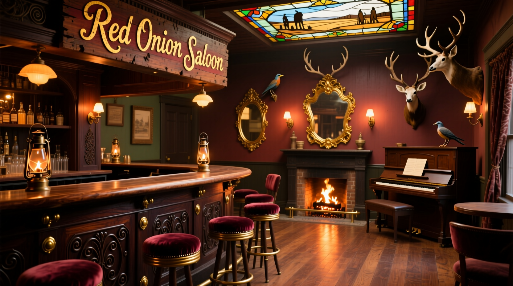 Historic Red Onion Saloon interior with mahogany bar and Victorian decor