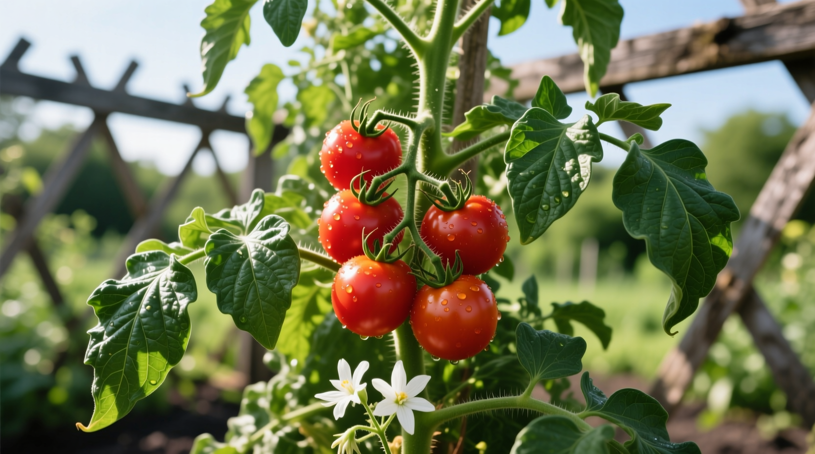 Healthy tomato plant with red fruits and green leaves