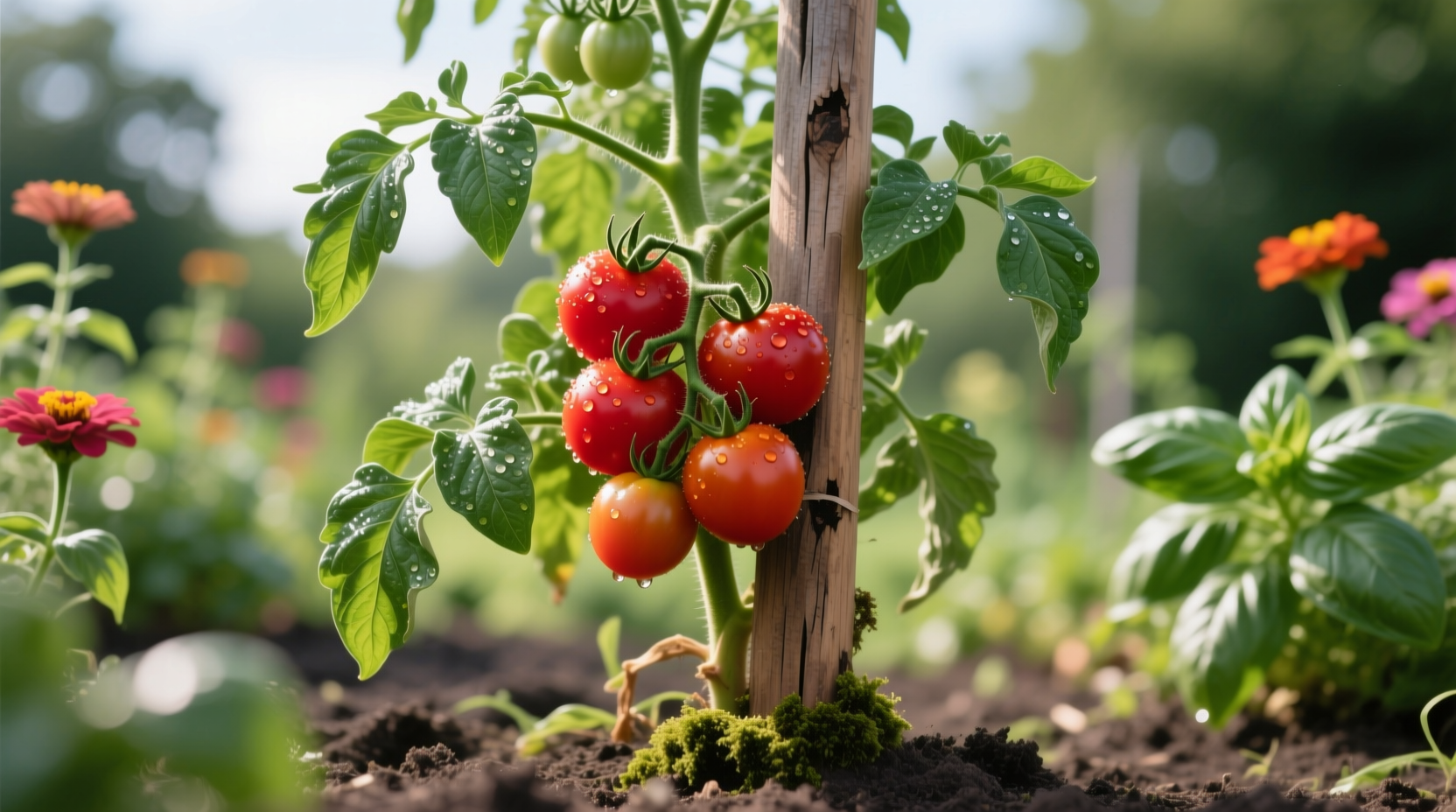 Tomato plant supported by sturdy wooden stake