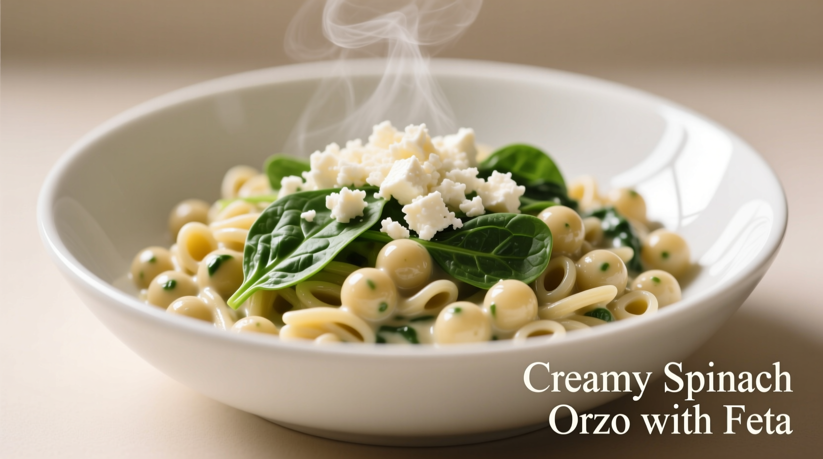 Creamy spinach orzo with feta garnish in white bowl