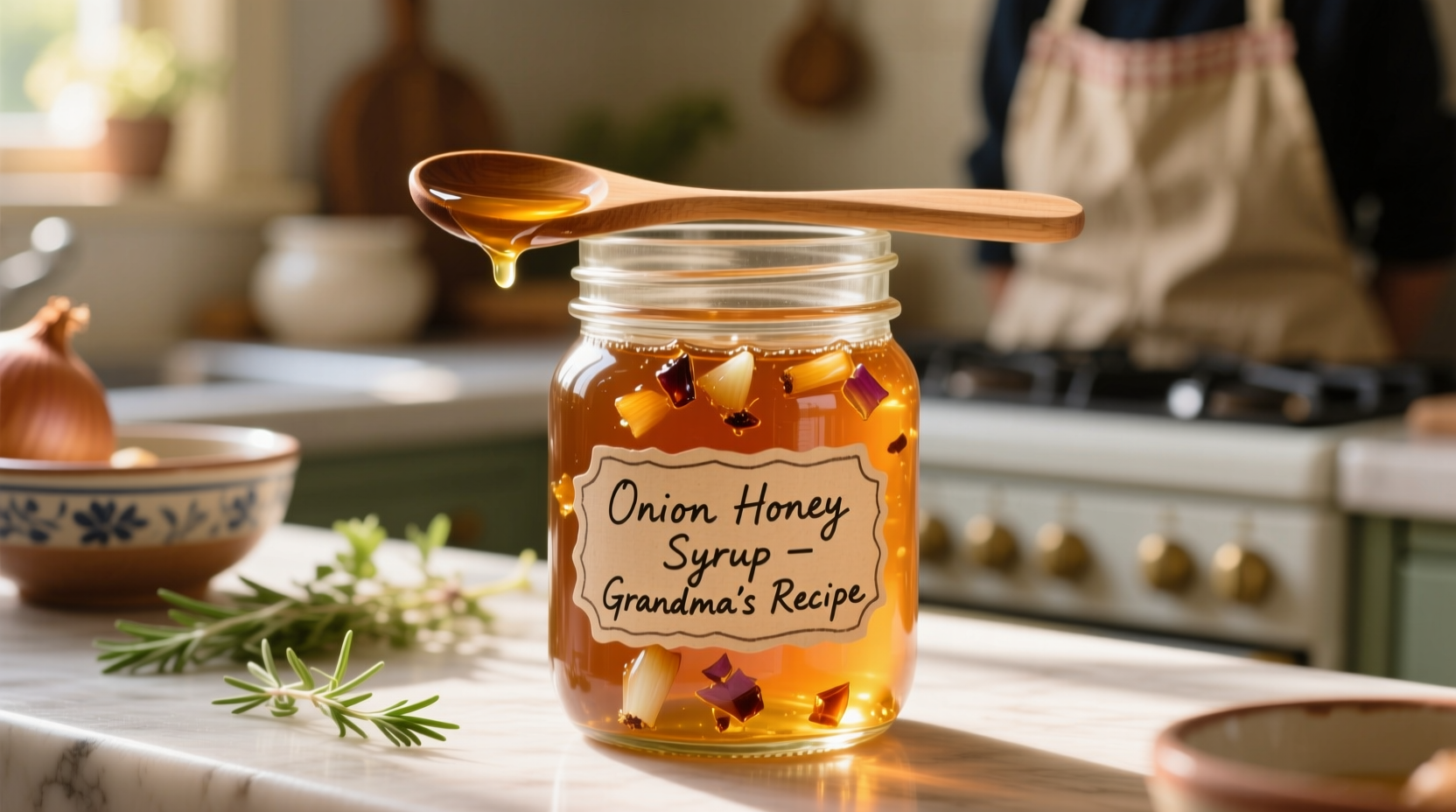 Homemade onion honey syrup in a glass jar with spoon