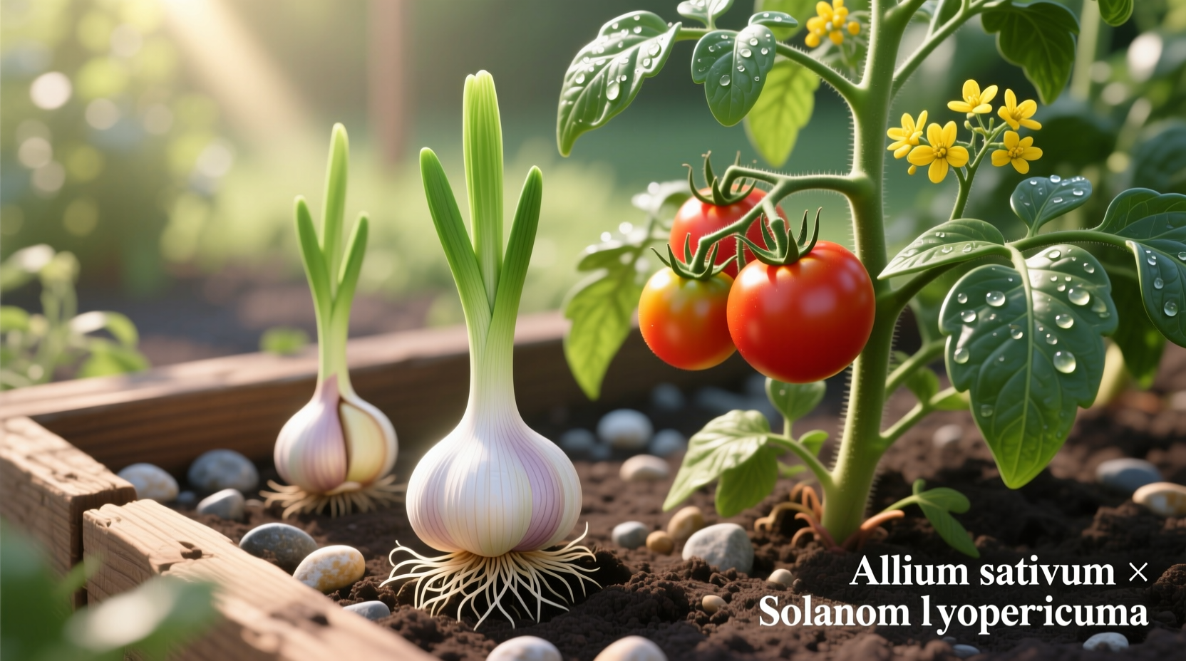 Garlic growing alongside healthy tomato plants in garden