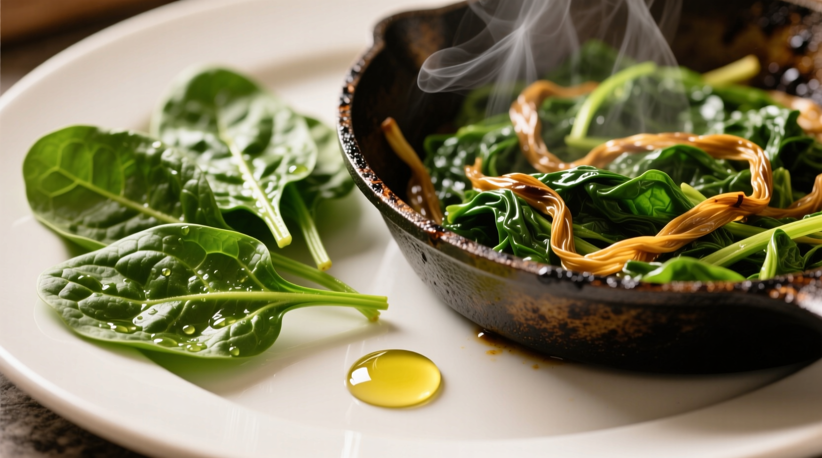 Fresh spinach leaves next to cooked spinach in pan
