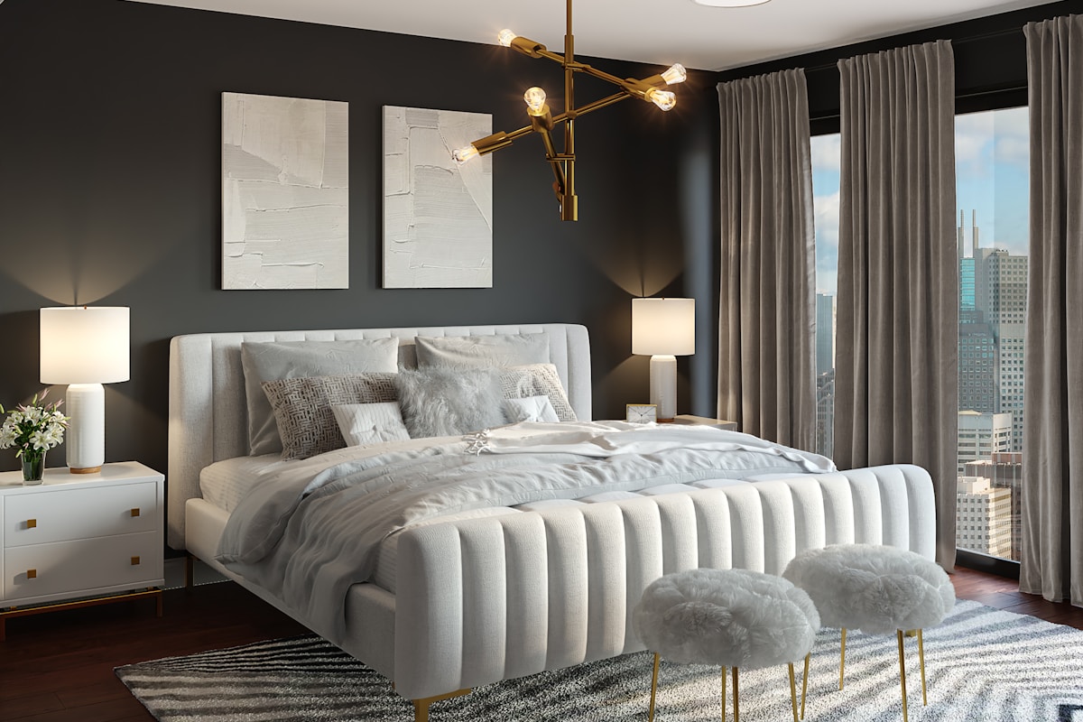 Serene bedroom with soft blue walls, natural linen bedding, and warm wood accents promoting calm