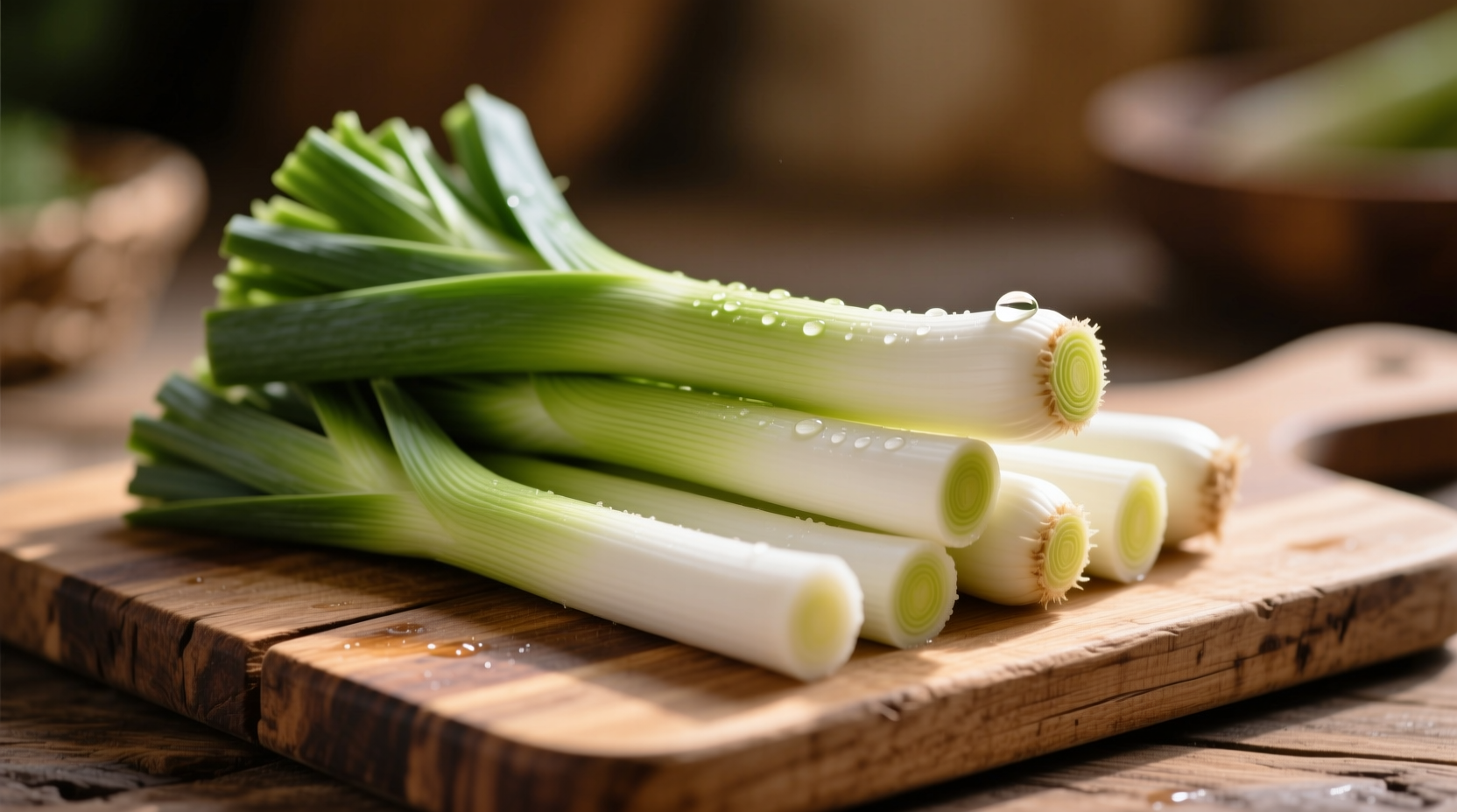 Fresh French leeks arranged on wooden cutting board