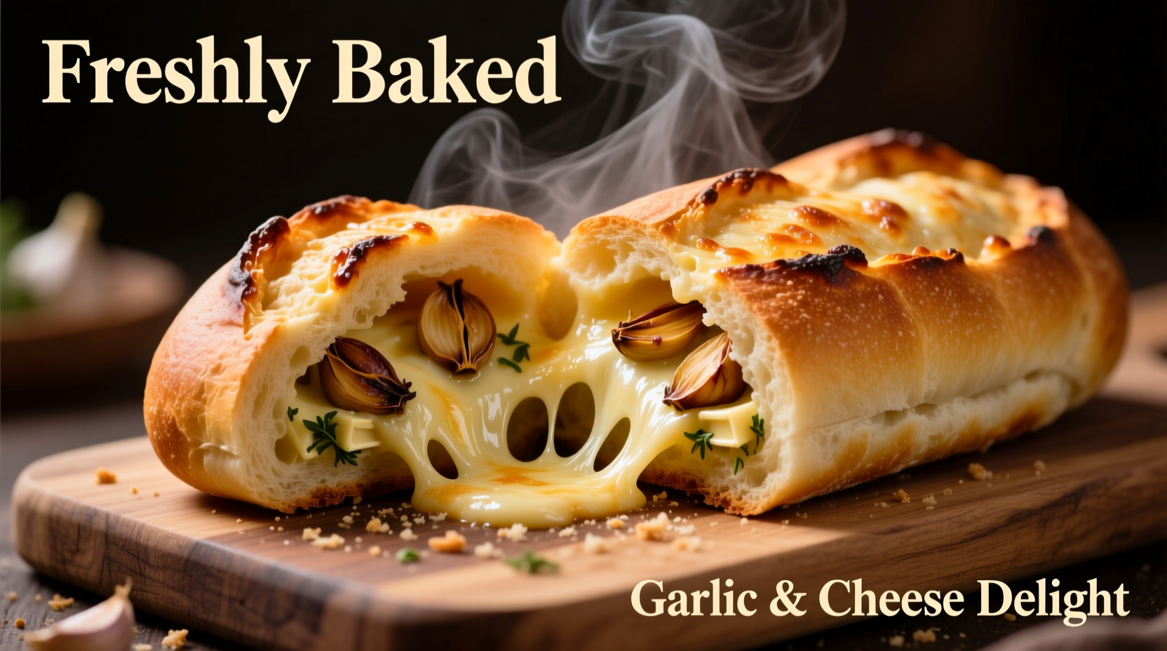 Freshly baked stuffed garlic bread with melted cheese pull