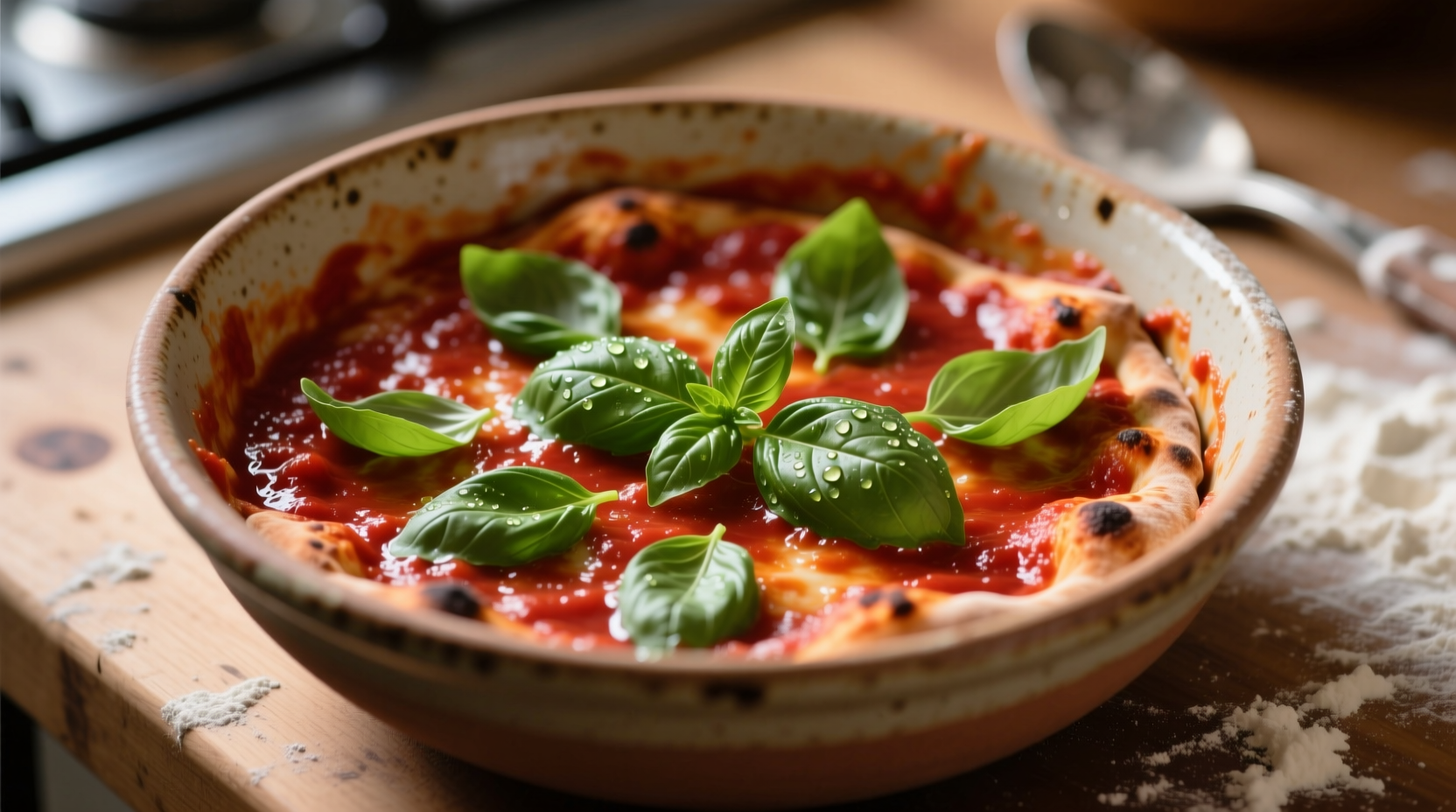 Homemade pizza sauce in bowl with fresh basil garnish