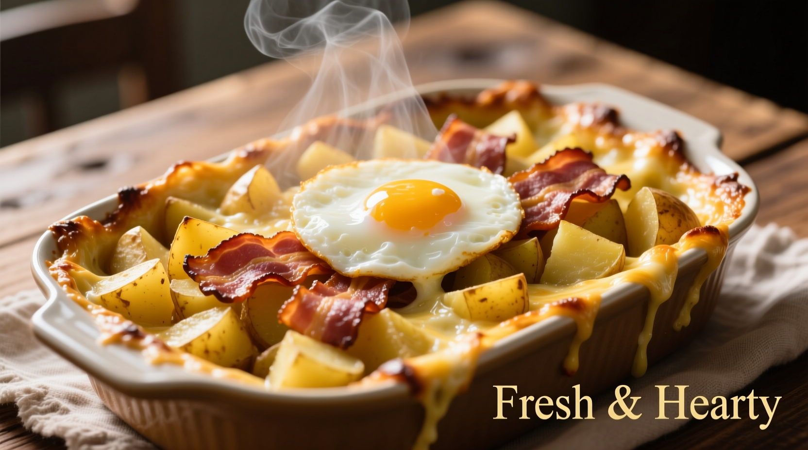 Golden potato bacon egg bake fresh from oven