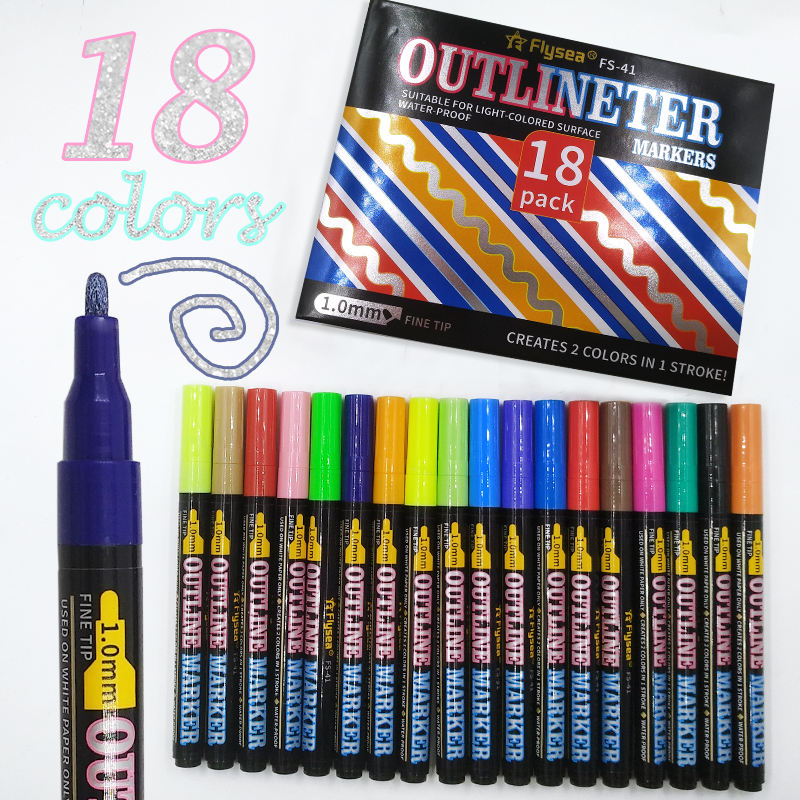 Self-Outline Logam Penanda Double Line Garis Pena Spidol Glitter Doodle  Dazzle Pulpen Shimmer Marker Set