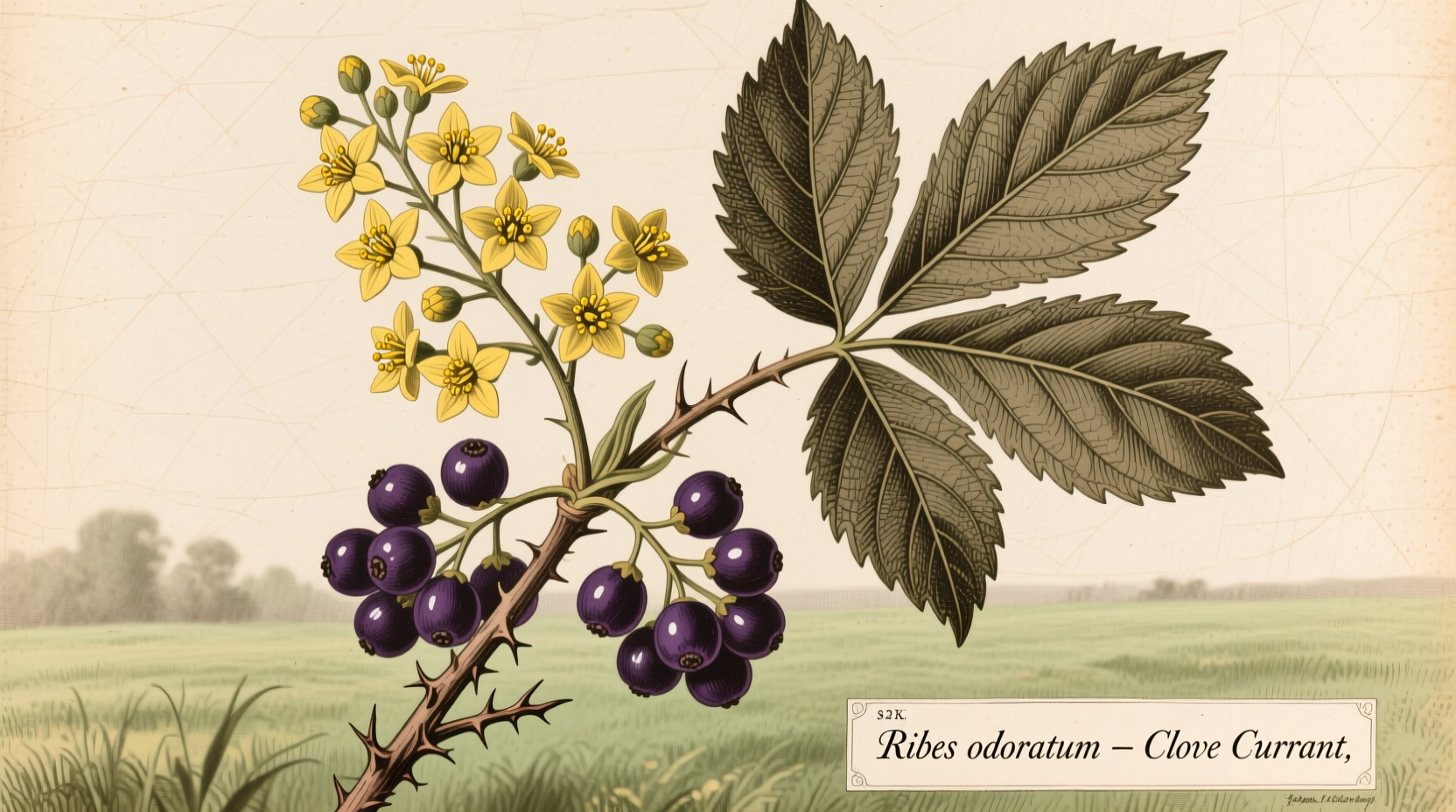 Clove currant shrub with yellow flowers and dark berries