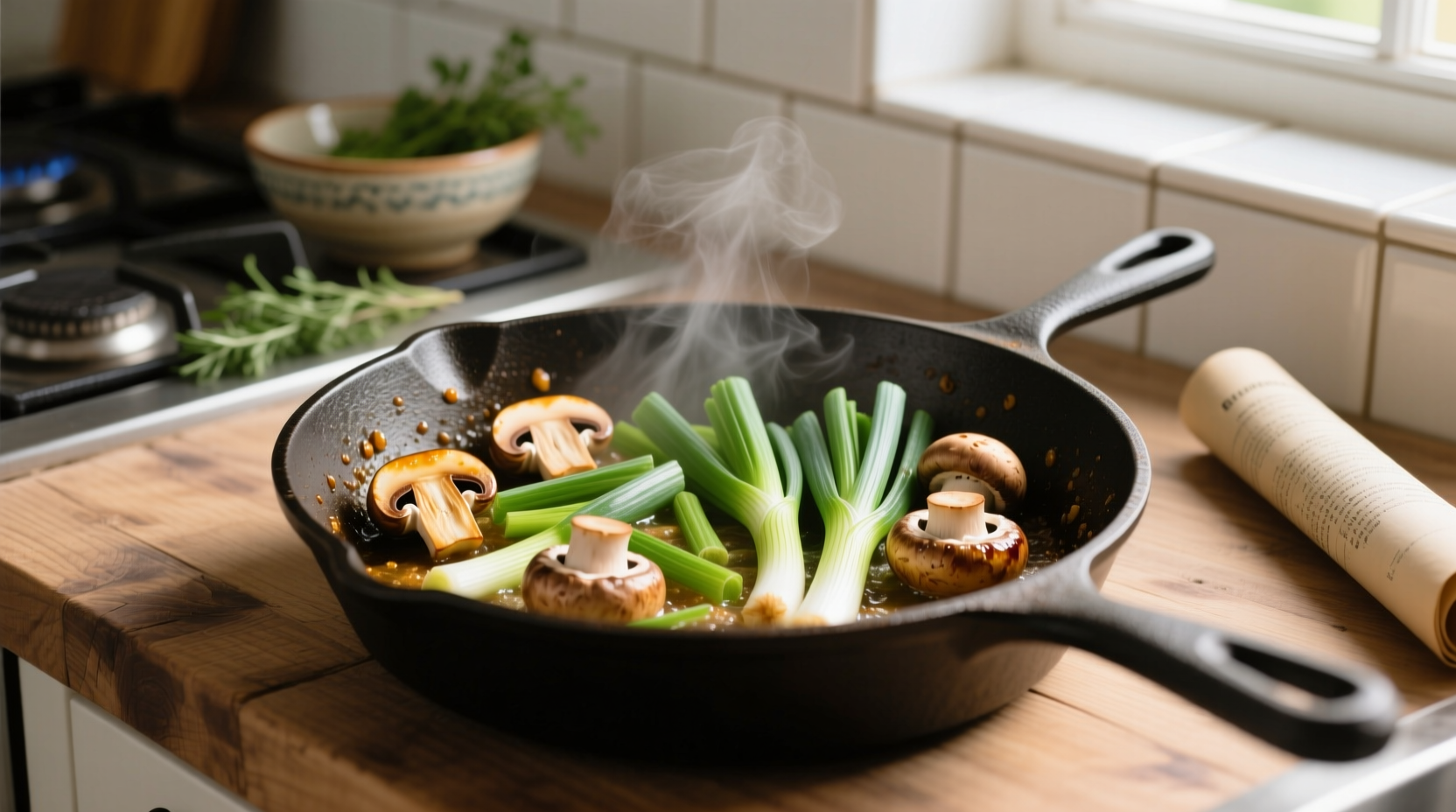 Fresh scallions and mushrooms in a chef's pan